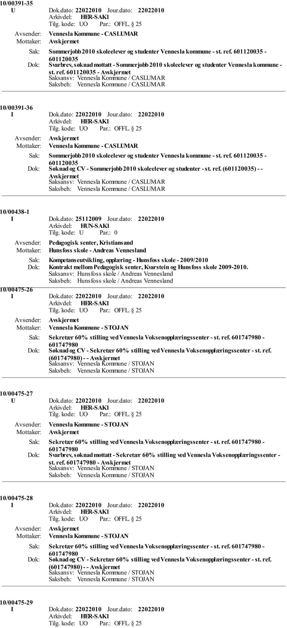 601120035 - Saksansv: Vennesla Kommune / CASLUMAR Saksbeh: Vennesla Kommune / CASLUMAR 10/00391-36 I Dok.dato: Jour.