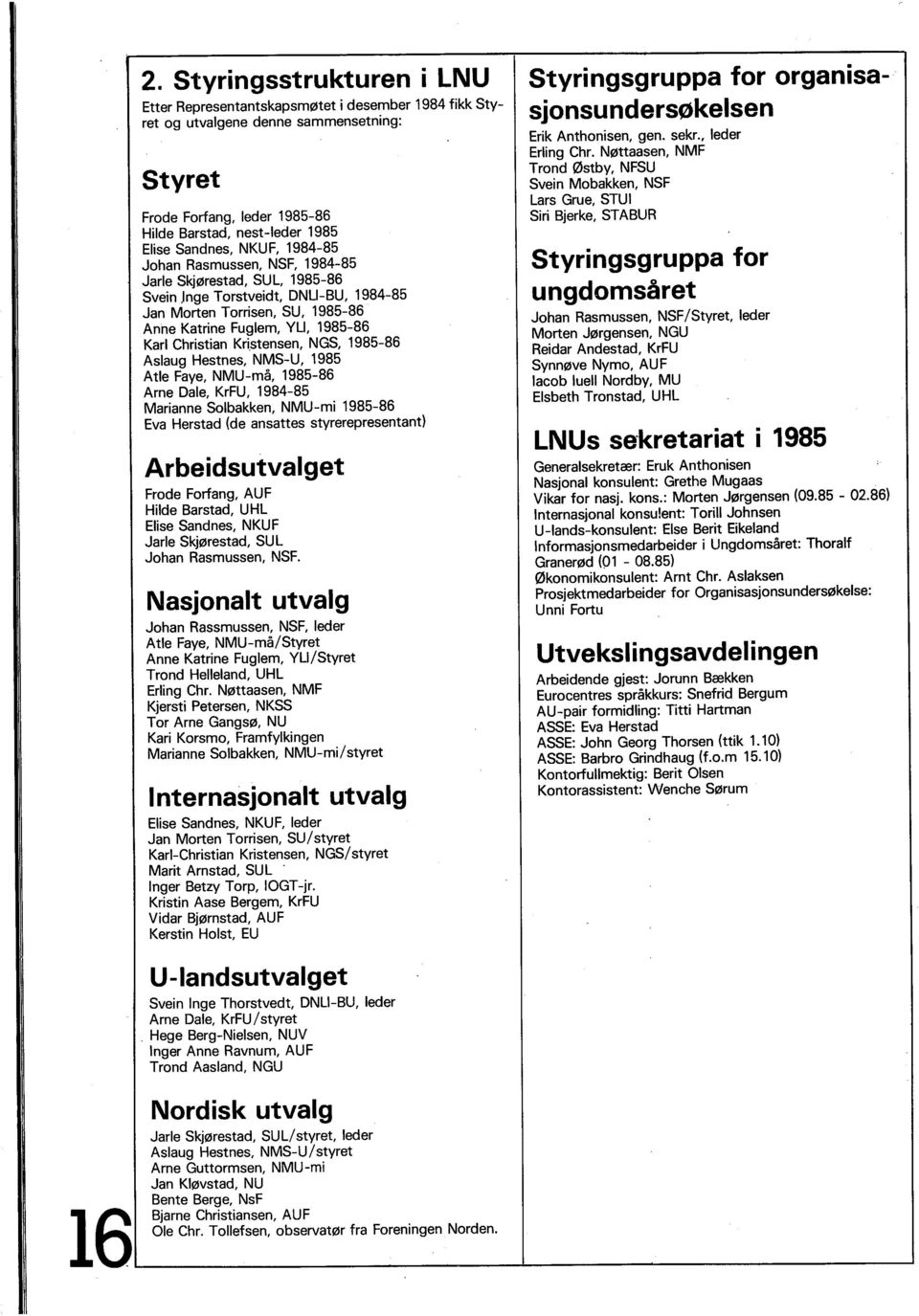 Hilde Barstad, nest-leder 1985 Elise Sandnes, NKUF, 1984-85 Johan Ras mussen, NSF, 1984-85 Jarle Skjørestad, SUL, 1985-86 Svein Jnge Torstveidt, DNLI-BU, 1984-85 Jan Morten Torrisen, SU, 1985-86 Anne