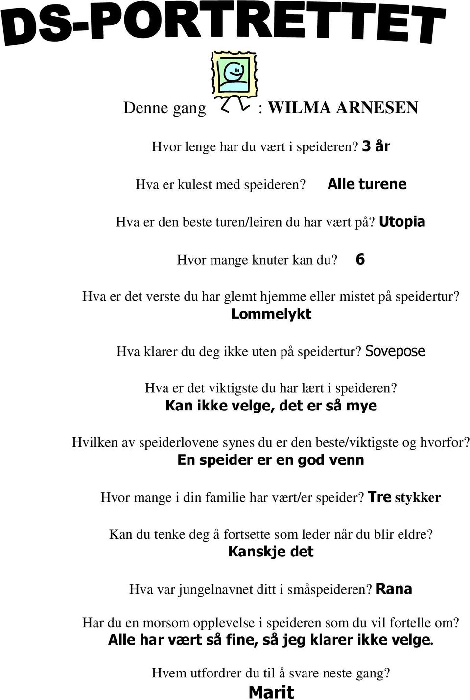 Kan ikke velge, det er så mye Hvilken av speiderlovene synes du er den beste/viktigste og hvorfor? En speider er en god venn Hvor mange i din familie har vært/er speider?