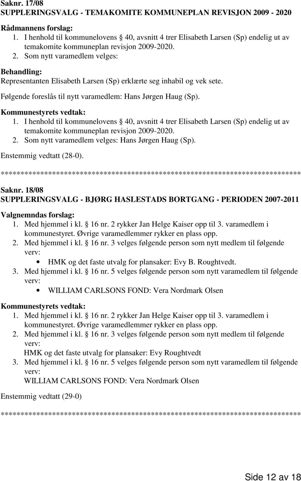 09-2020. 2. Som nytt varamedlem velges: Behandling: Representanten Elisabeth Larsen (Sp) erklærte seg inhabil og vek sete. Følgende foreslås til nytt varamedlem: Hans Jørgen Haug (Sp). 1. 09-2020. 2. Som nytt varamedlem velges: Hans Jørgen Haug (Sp).