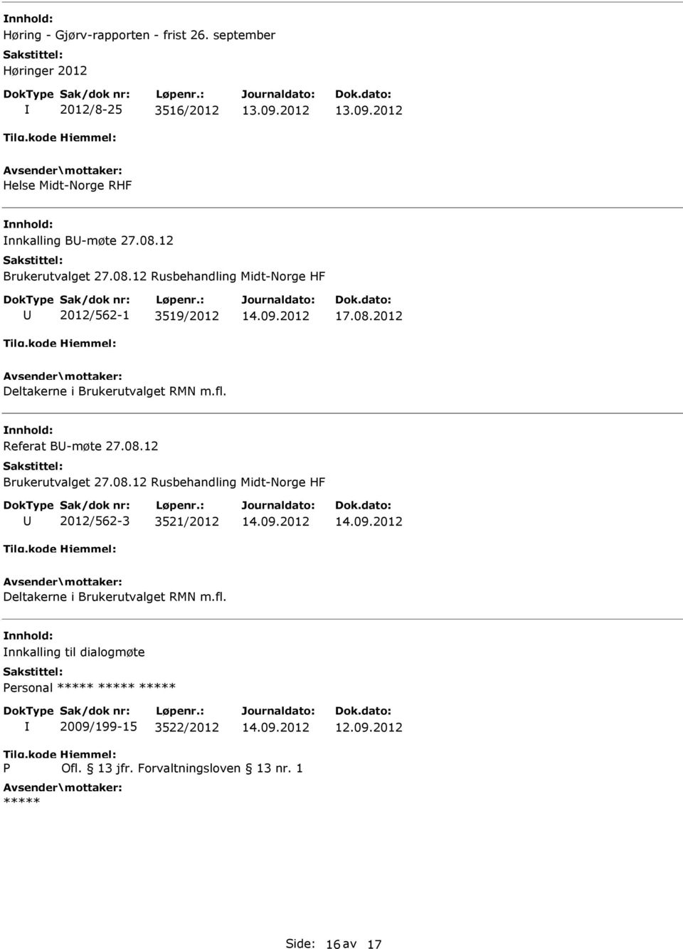 Referat B-møte 27.08.12 Brukerutvalget 27.08.12 Rusbehandling Midt-Norge HF 2012/562-3 3521/2012 14.09.