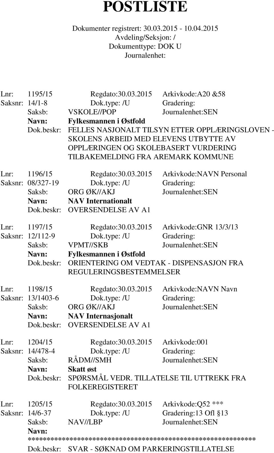 2015 Arkivkode:NAVN Personal Saksnr: 08/327-19 Dok.type: /U Gradering: Saksb: ORG ØK//AKJ SEN NAV Internationalt Dok.beskr: OVERSENDELSE AV A1 Lnr: 1197/15 Regdato:30.03.