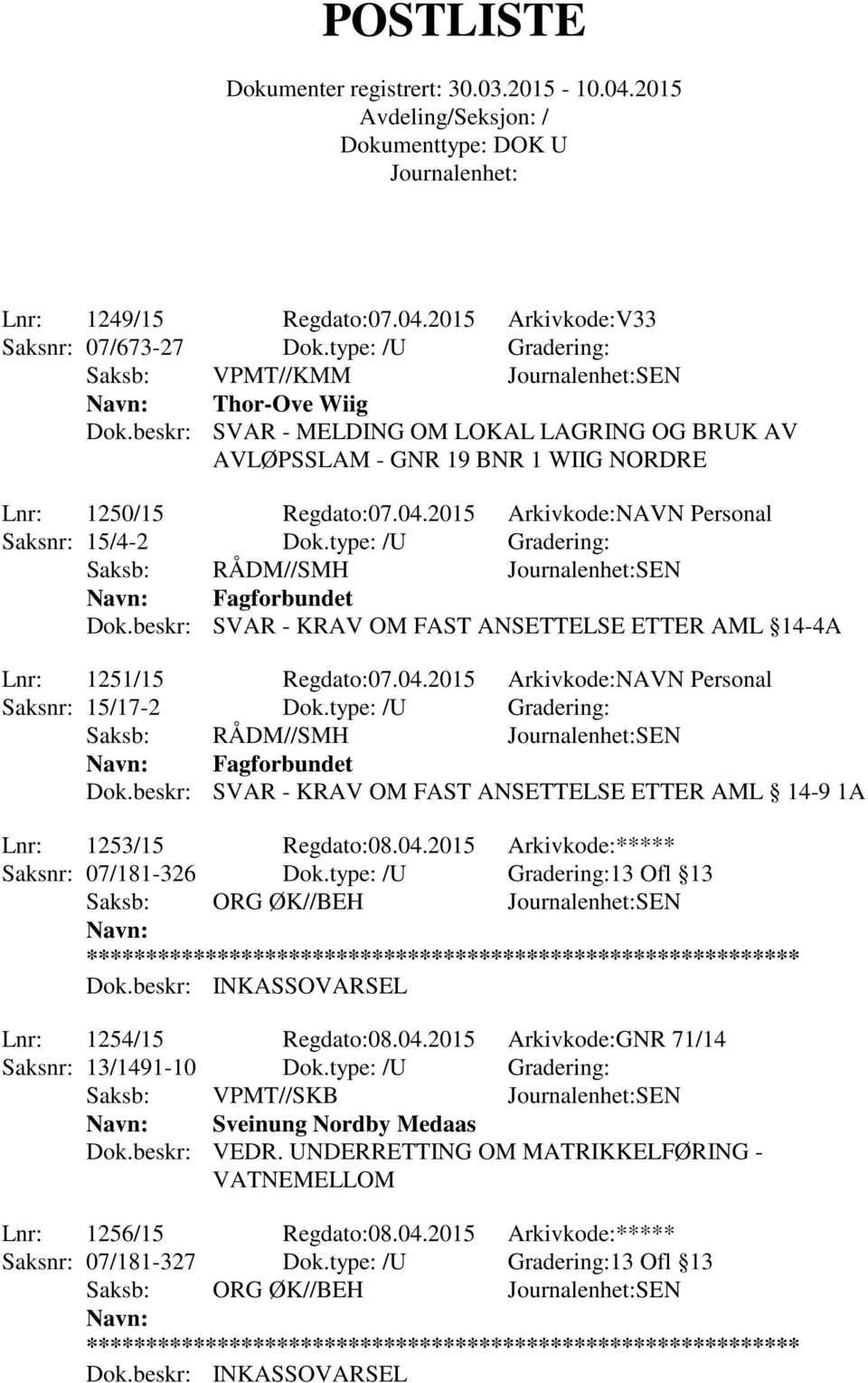 beskr: SVAR - KRAV OM FAST ANSETTELSE ETTER AML 14-4A Lnr: 1251/15 Regdato:07.04.2015 Arkivkode:NAVN Personal Saksnr: 15/17-2 Dok.type: /U Gradering: Fagforbundet Dok.