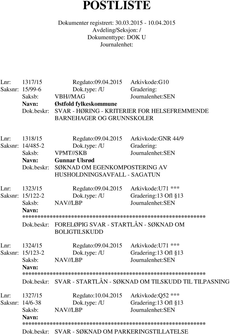 beskr: SØKNAD OM EGENKOMPOSTERING AV HUSHOLDNINGSAVFALL - SAGATUN Lnr: 1323/15 Regdato:09.04.2015 Arkivkode:U71 *** Saksnr: 15/122-2 Dok.type: /U Gradering:13 Ofl 13 Saksb: NAV//LBP SEN Dok.