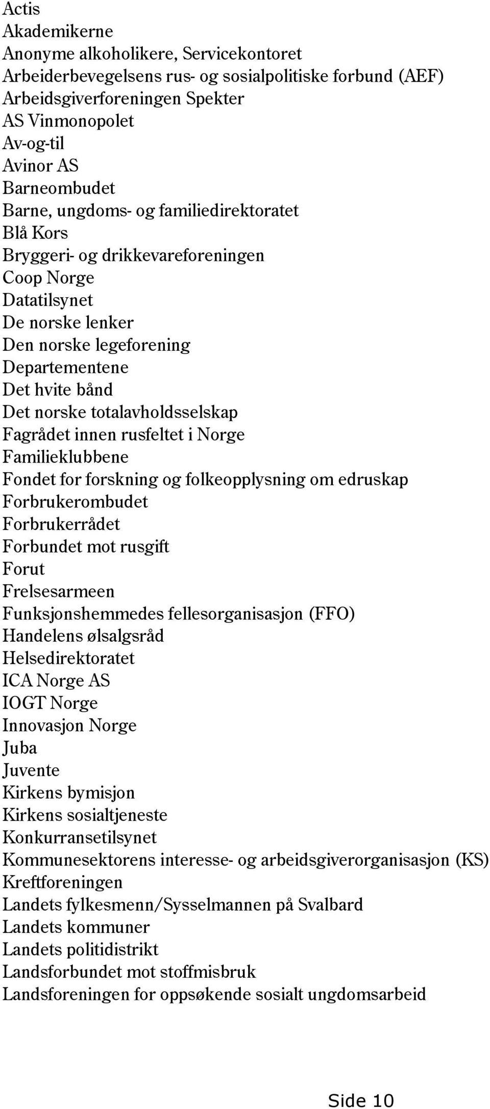 totalavholdsselskap Fagrådet innen rusfeltet i Norge Familieklubbene Fondet for forskning og folkeopplysning om edruskap Forbrukerombudet Forbrukerrådet Forbundet mot rusgift Forut Frelsesarmeen