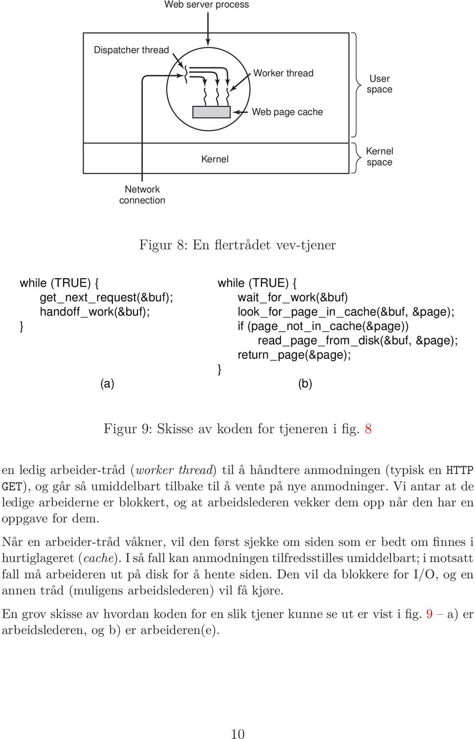 Skisse av koden for tjeneren i fig. 8 en ledig arbeider-tråd (worker thread) til å håndtere anmodningen (typisk en HTTP GET), og går så umiddelbart tilbake til å vente på nye anmodninger.