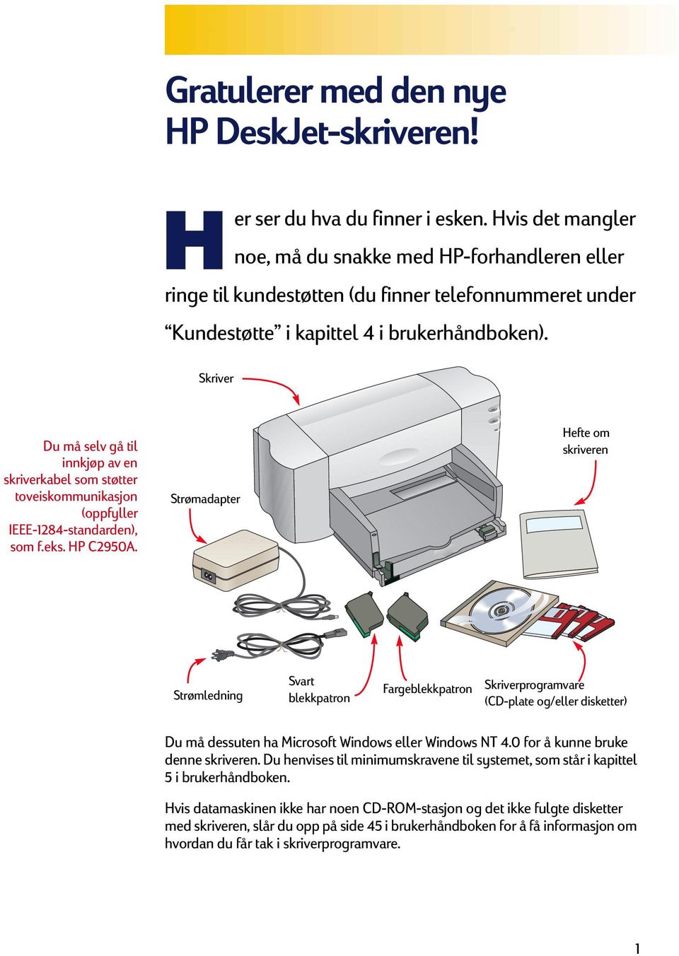 Skriver Du må selv gå til innkjøp av en skriverkabel som støtter toveiskommunikasjon (oppfyller IEEE-1284-standarden), som f.eks. HP C2950A.