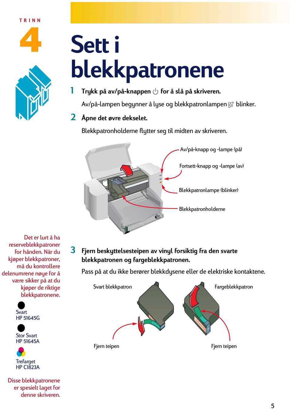 Av/på-knapp og -lampe (på) Fortsett-knapp og -lampe (av) Blekkpatronlampe (blinker) Blekkpatronholderne Det er lurt å ha reserveblekkpatroner for hånden.