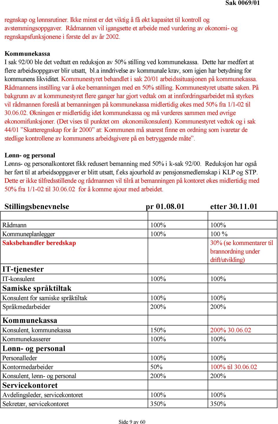 Sak 0069/01 Kommunekassa I sak 92/00 ble det vedtatt en reduksjon av 50% stilling ved kommunekassa. Dette har medført at flere arbeidsoppgaver blir utsatt, bl.