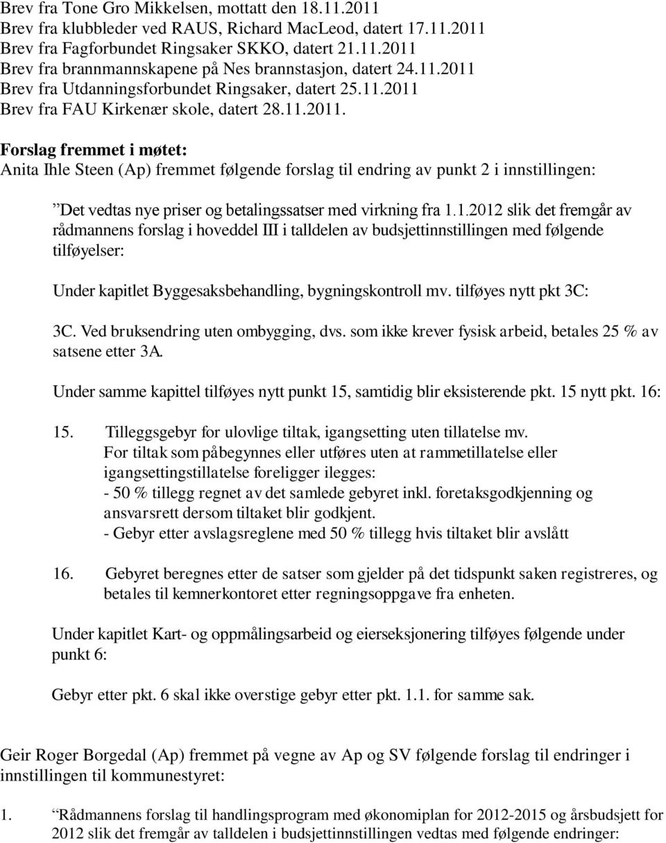 1.2012 slik det fremgår av rådmannens forslag i hoveddel III i talldelen av budsjettinnstillingen med følgende tilføyelser: Under kapitlet Byggesaksbehandling, bygningskontroll mv.