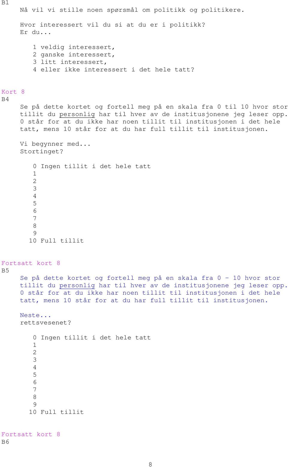Kort 8 B4 Se på dette kortet og fortell meg på en skala fra 0 til 10 hvor stor tillit du personlig har til hver av de institusjonene jeg leser opp.