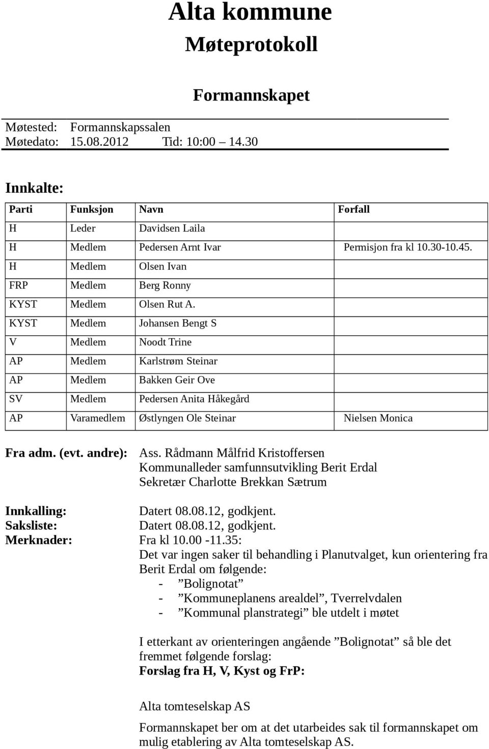 KYST Medlem Johansen Bengt S V Medlem Noodt Trine AP Medlem Karlstrøm Steinar AP Medlem Bakken Geir Ove SV Medlem Pedersen Anita Håkegård AP Varamedlem Østlyngen Ole Steinar Nielsen Monica Fra adm.