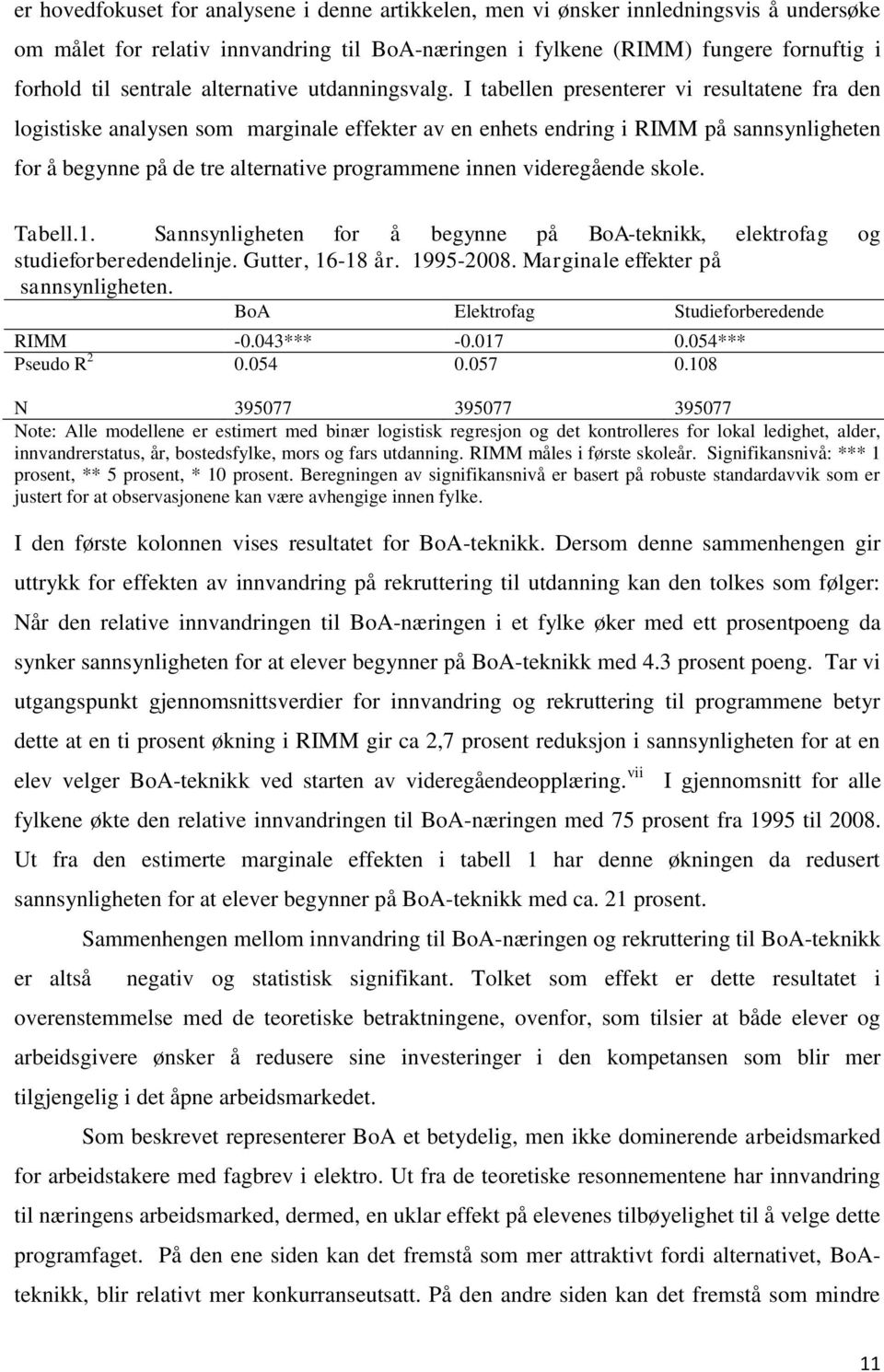 I tabellen presenterer vi resultatene fra den logistiske analysen som marginale effekter av en enhets endring i RIMM på sannsynligheten for å begynne på de tre alternative programmene innen