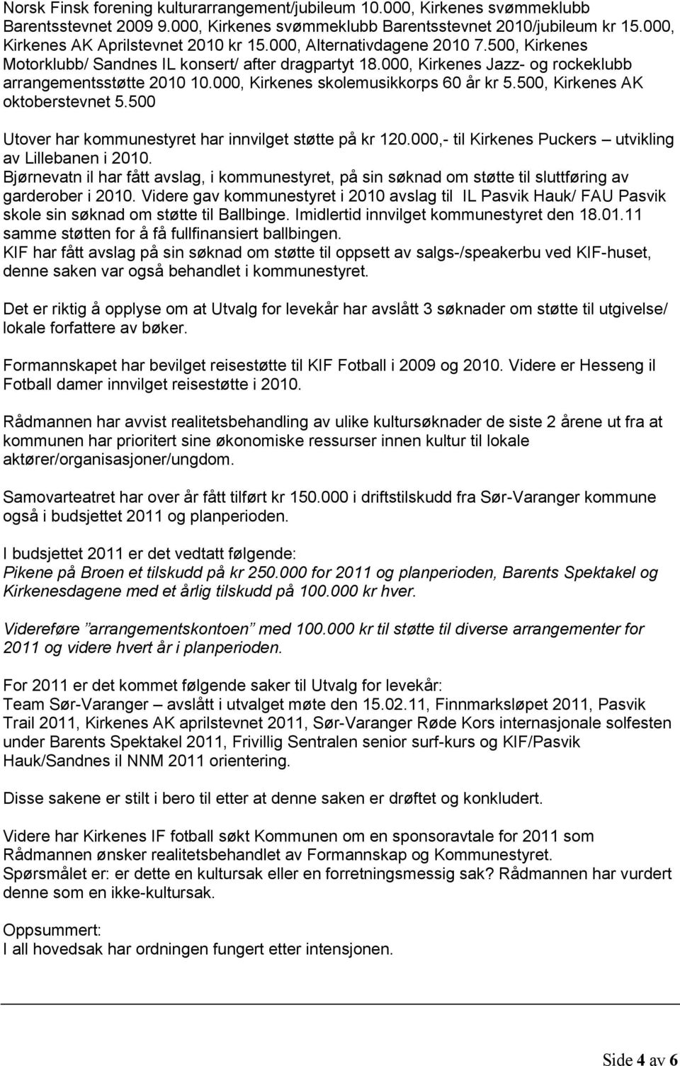 000, Kirkenes skolemusikkorps 60 år kr 5.500, Kirkenes AK oktoberstevnet 5.500 Utover har kommunestyret har innvilget støtte på kr 120.000,- til Kirkenes Puckers utvikling av Lillebanen i 2010.
