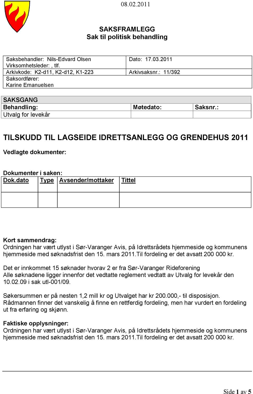 dato Type Avsender/mottaker Tittel Kort sammendrag: Ordningen har vært utlyst i Sør-Varanger Avis, på Idrettsrådets hjemmeside og kommunens hjemmeside med søknadsfrist den 15. mars 2011.