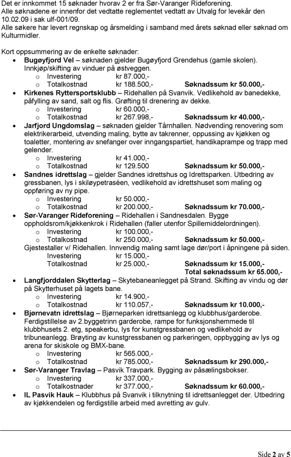 Kort oppsummering av de enkelte søknader: Bugøyfjord Vel søknaden gjelder Bugøyfjord Grendehus (gamle skolen). Innkjøp/skifting av vinduer på østveggen. o Investering kr 87.