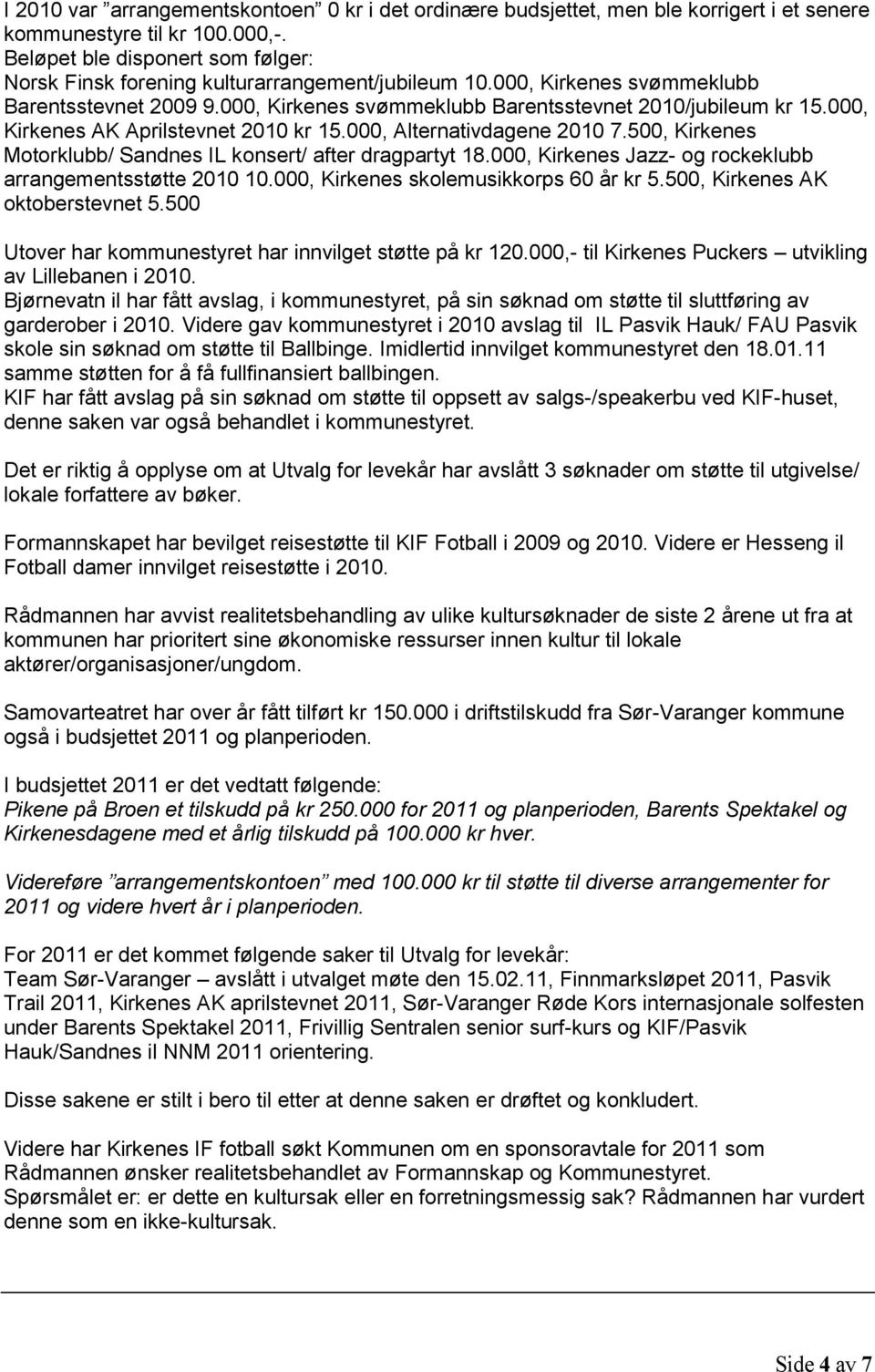 000, Kirkenes AK Aprilstevnet 2010 kr 15.000, Alternativdagene 2010 7.500, Kirkenes Motorklubb/ Sandnes IL konsert/ after dragpartyt 18.000, Kirkenes Jazz- og rockeklubb arrangementsstøtte 2010 10.