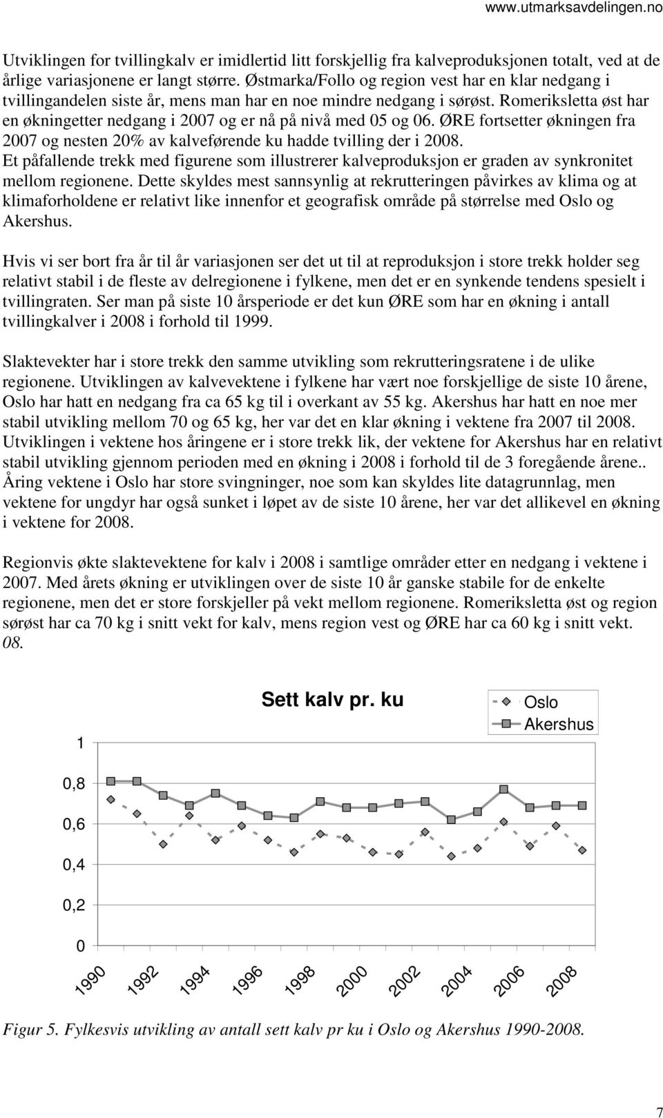 Romeriksletta øst har en økningetter nedgang i 2007 og er nå på nivå med 05 og 06. ØRE fortsetter økningen fra 2007 og nesten 20% av kalveførende ku hadde tvilling der i 2008.