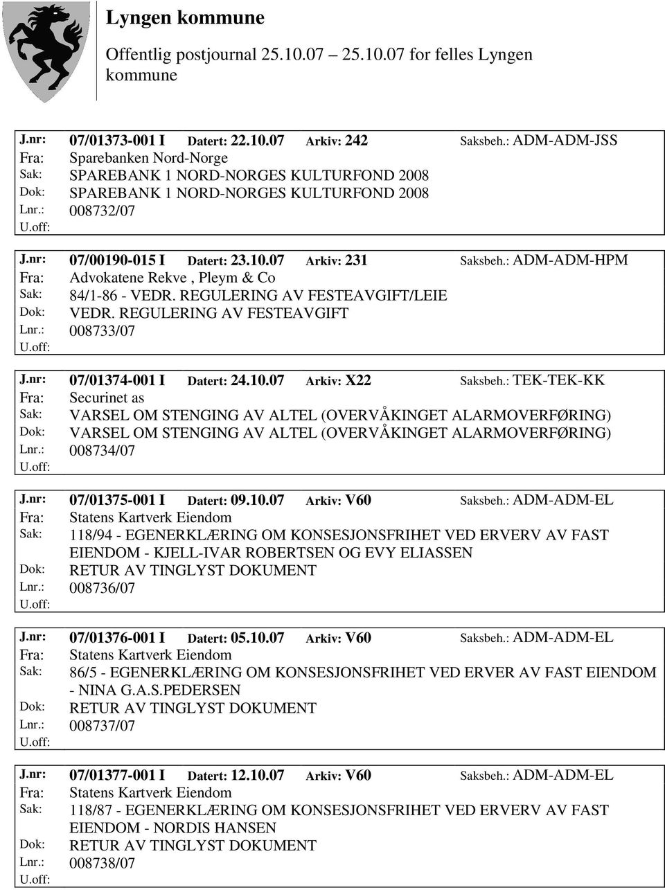 REGULERING AV FESTEAVGIFT Lnr.: 008733/07 J.nr: 07/01374-001 I Datert: 24.10.07 Arkiv: X22 Saksbeh.