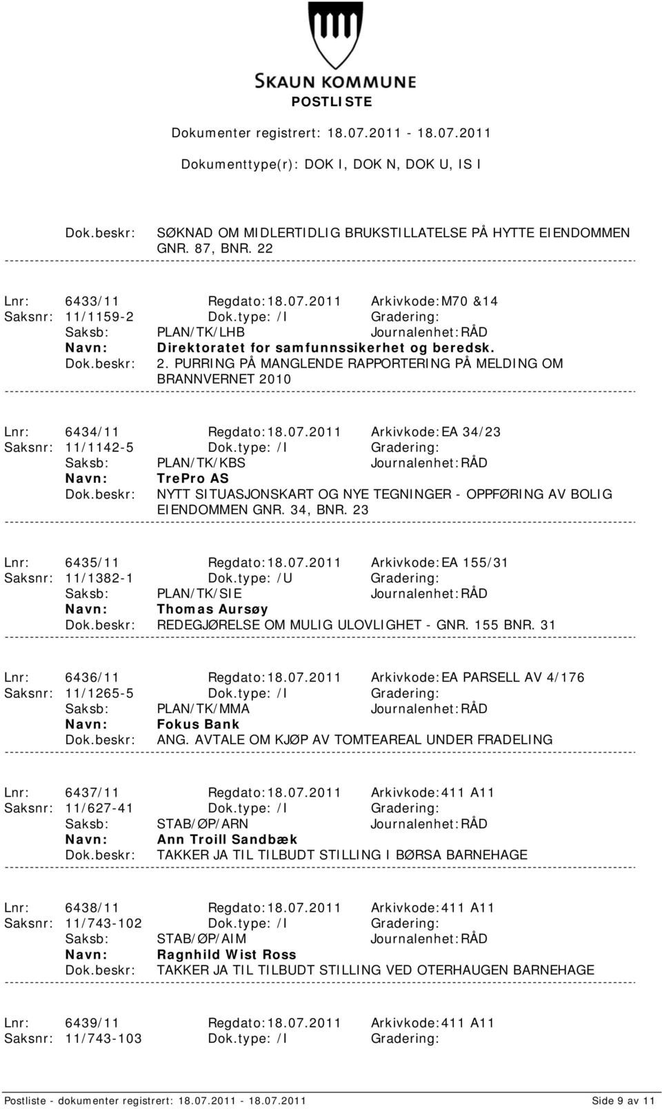 2011 Arkivkode:EA 34/23 Saksnr: 11/1142-5 Dok.type: /I Gradering: Saksb: PLAN/TK/KBS Journalenhet:RÅD TrePro AS NYTT SITUASJONSKART OG NYE TEGNINGER - OPPFØRING AV BOLIG EIENDOMMEN GNR. 34, BNR.