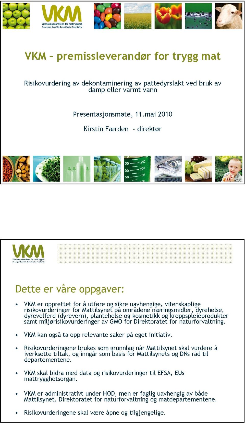 dyrevelferd (dyrevern), plantehelse og kosmetikk og kroppspleieprodukter samt miljørisikovurderinger av GMO for Direktoratet for naturforvaltning.