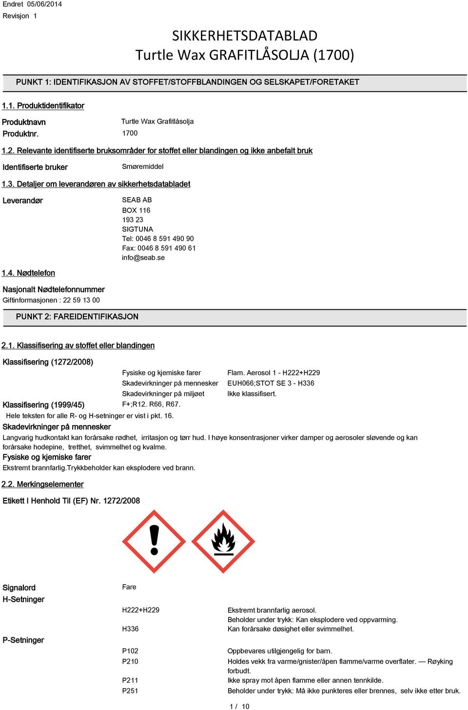 Detaljer om leverandøren av sikkerhetsdatabladet Leverandør SEAB AB BOX 116 193 23 SIGTUNA Tel: 0046