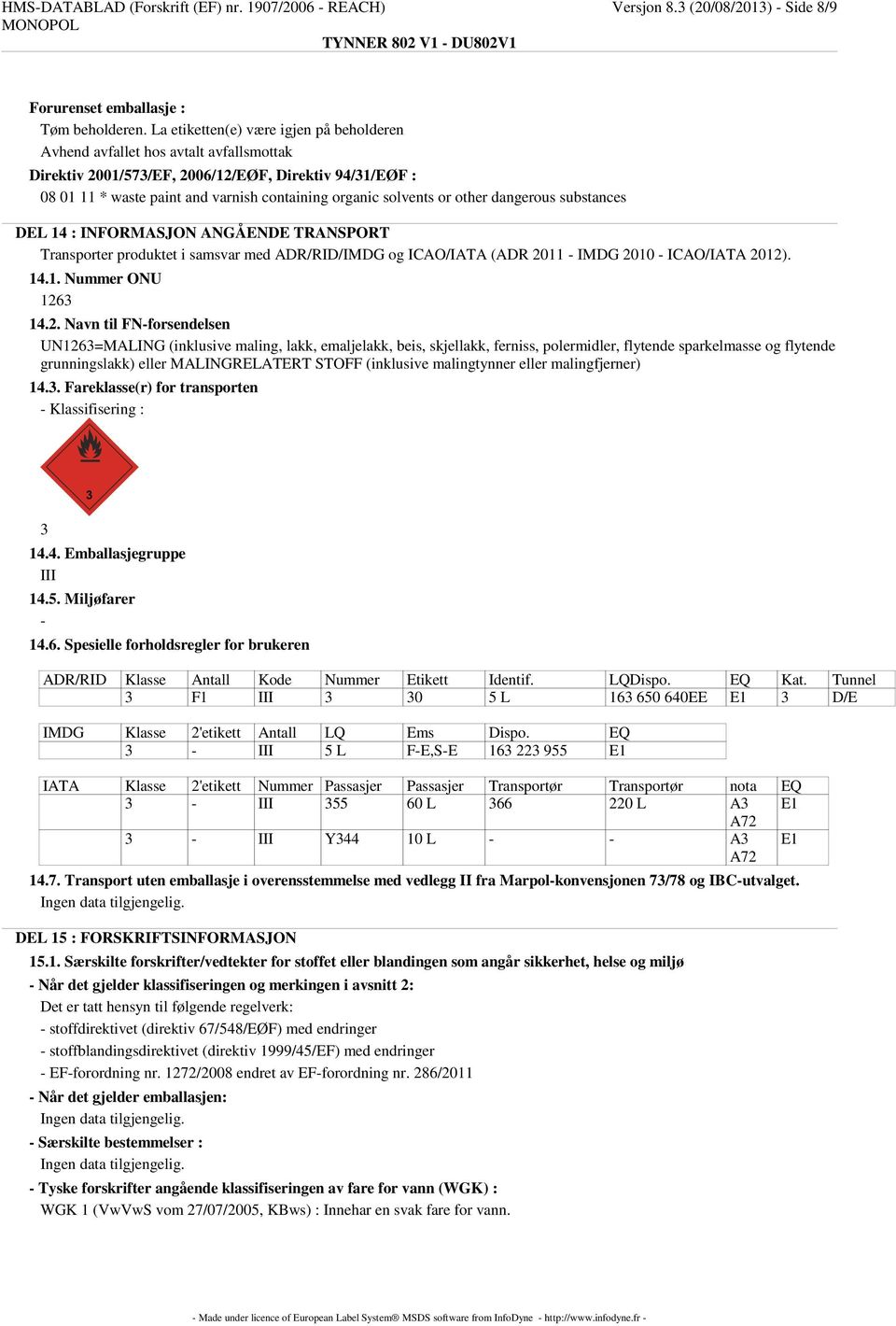 solvents or other dangerous substances DEL 14 : INFORMASJON ANGÅENDE TRANSPORT Transporter produktet i samsvar med ADR/RID/IMDG og ICAO/IATA (ADR 2011 - IMDG 2010 - ICAO/IATA 2012). 14.1. Nummer ONU 1263 14.
