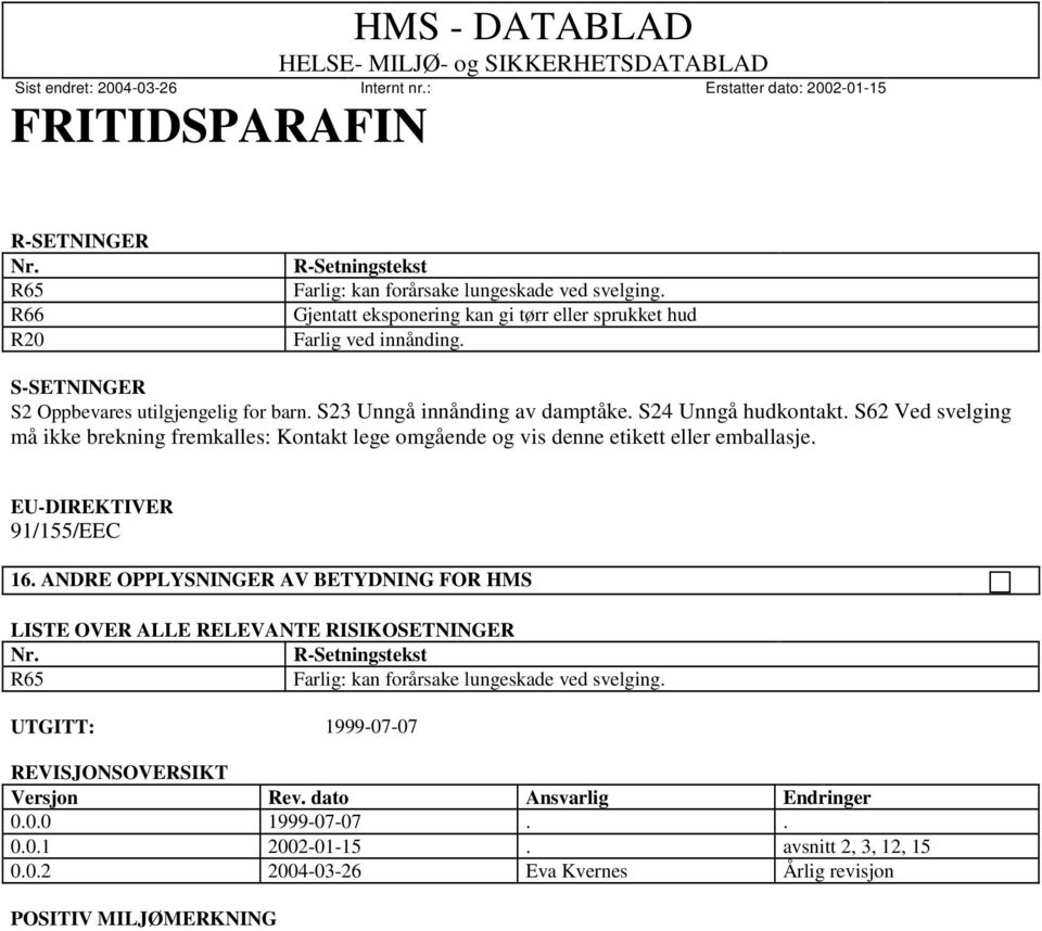 S62 Ved svelging må ikke brekning fremkalles: Kontakt lege omgående og vis denne etikett eller emballasje. EU-DIREKTIVER 91/155/EEC 16.