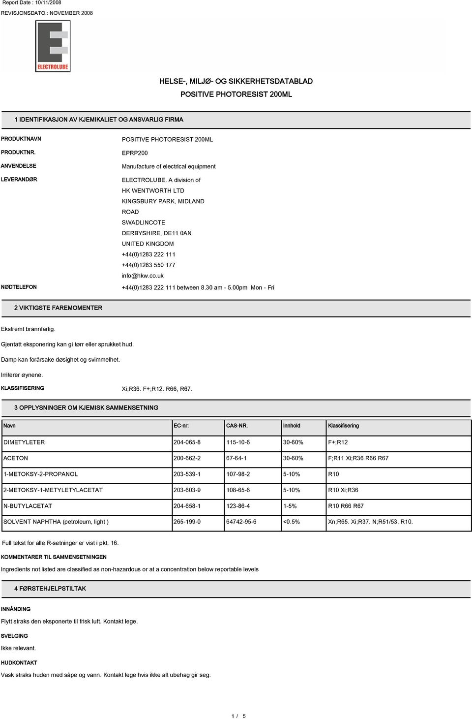 00pm Mon - Fri 2 VIKTIGSTE FAREMOMENTER KLASSIFISERING Xi;R36. F+;R12. R66, R67. 3 OPPLYSNINGER OM KJEMISK SAMMENSETNING EC-nr: CAS-NR.