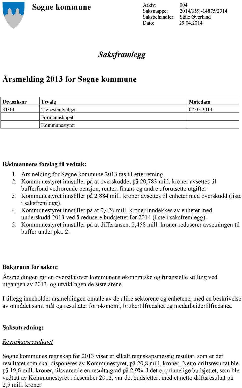 13 tas til etterretning. 2. Kommunestyret innstiller på at overskuddet på 20,783 mill. kroner avsettes til bufferfond vedrørende pensjon, renter, finans og andre uforutsette utgifter 3.