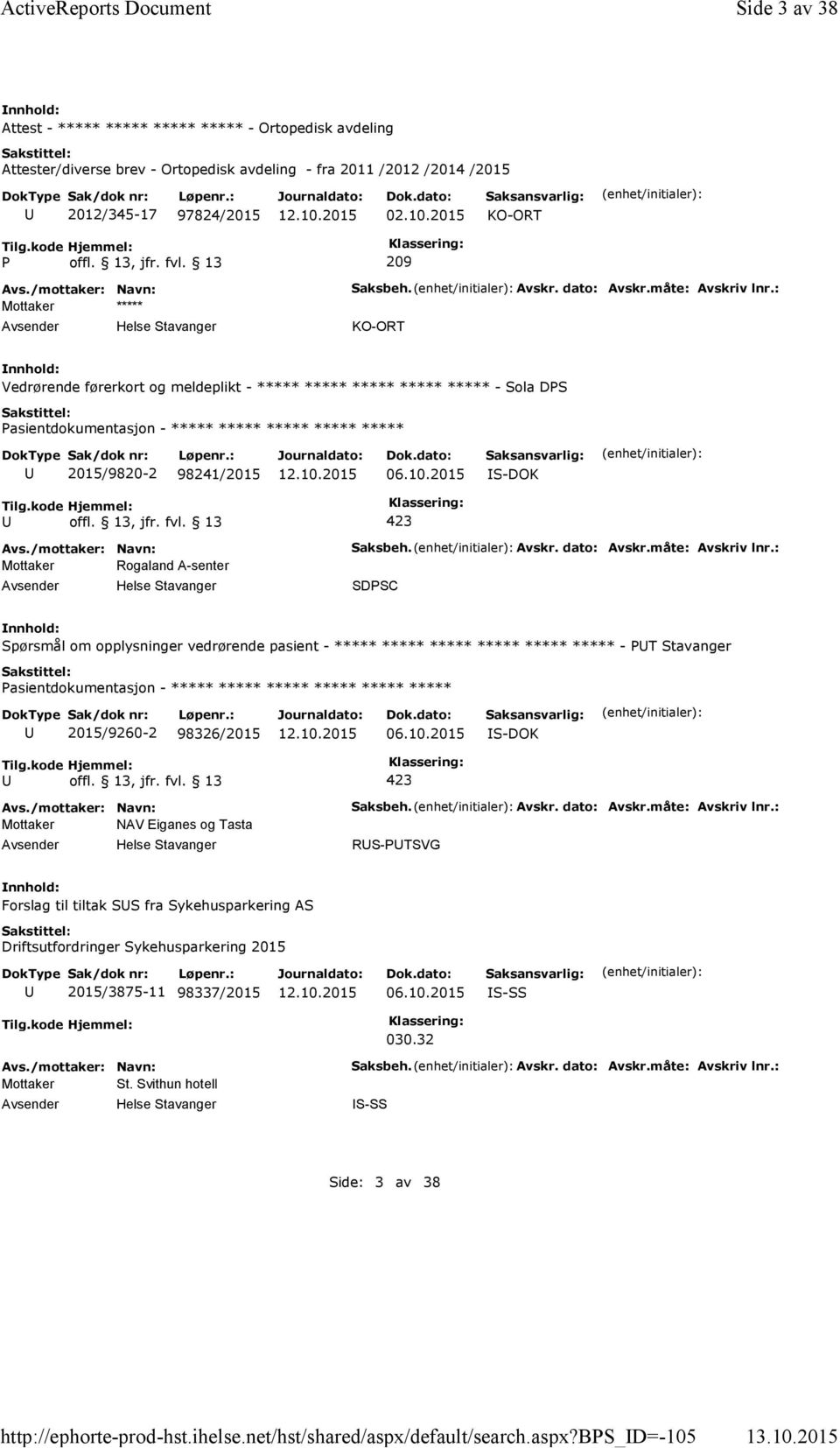 10.2015 KO-ORT P offl. 13, jfr. fvl. 13 209 Mottaker ***** Saksbeh. Avskr. dato: Avskr.måte: Avskriv lnr.