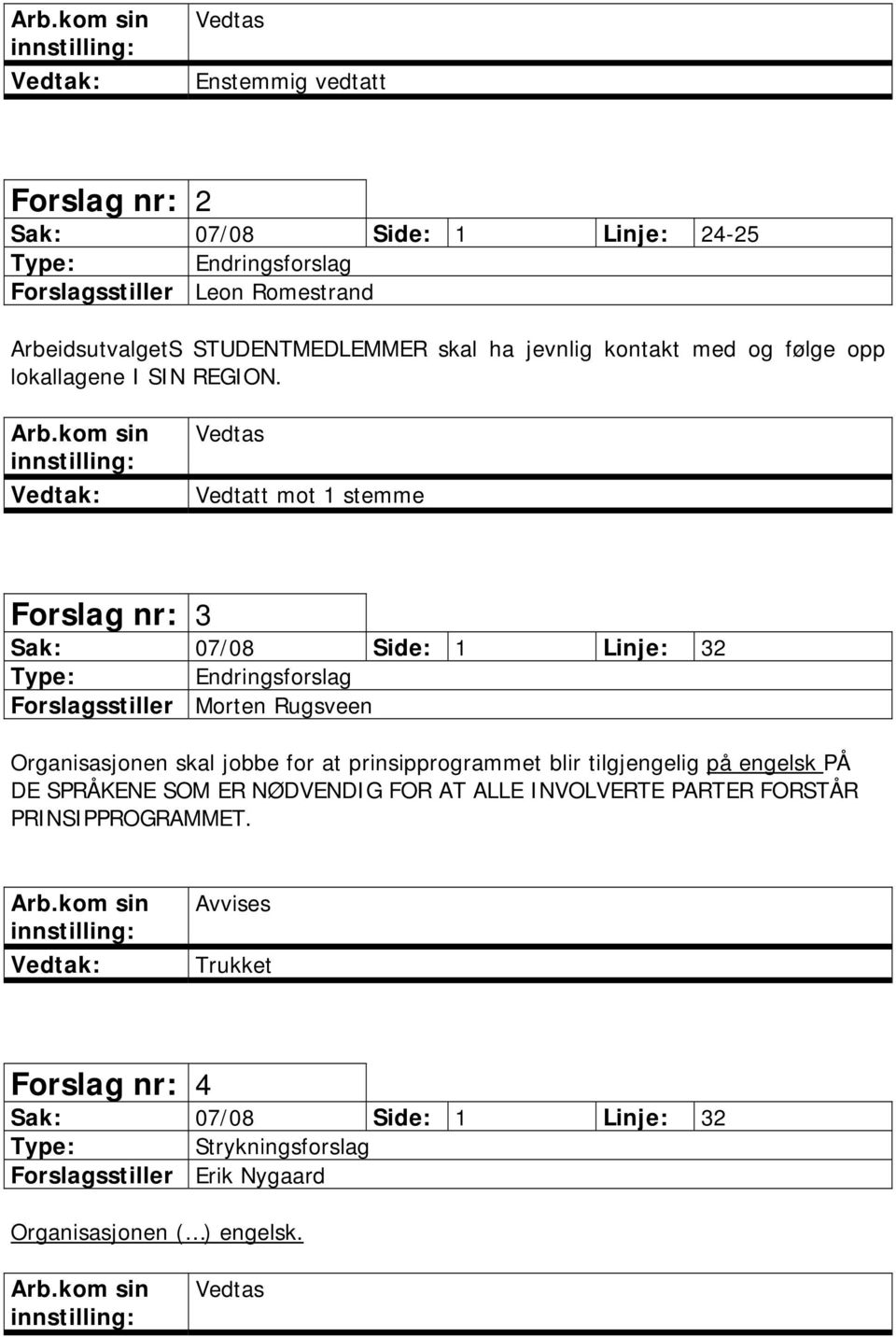 kom sin Vedtatt mot 1 stemme Forslag nr: 3 Sak: 07/08 Side: 1 Linje: 32 Endringsforslag Forslagsstiller Morten Rugsveen Organisasjonen skal jobbe for at