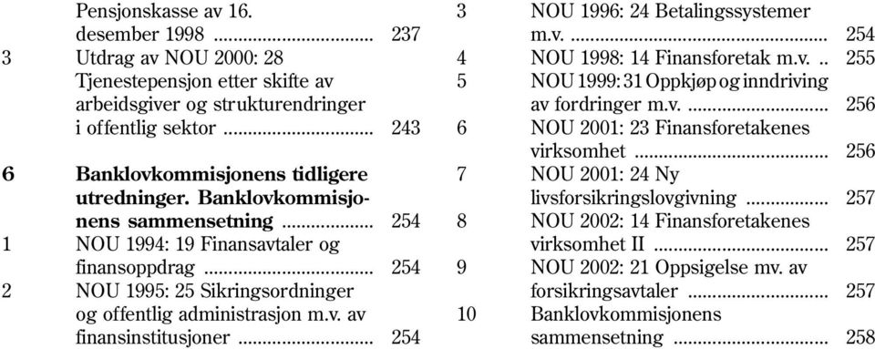 .. 237 243 254 254 254 3 NOU 1996: 24 Betalingssystemer m.v.... 4 NOU 1998: 14 Finansforetak m.v... 5 NOU 1999: 31 Oppkjøp og inndriving av fordringer m.v.... 6 NOU 2001: 23 Finansforetakenes virksomhet.