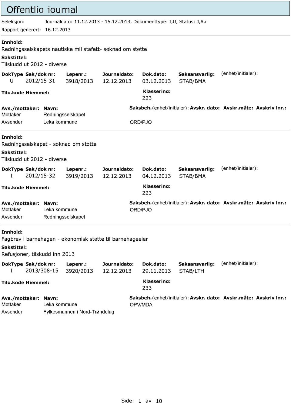 12.2013 STAB/BMA 223 Redningsselskapet ORD/PJO Redningsselskapet - søknad om støtte Tilskudd ut 2012 - diverse 2012/15-32 3919/2013 STAB/BMA