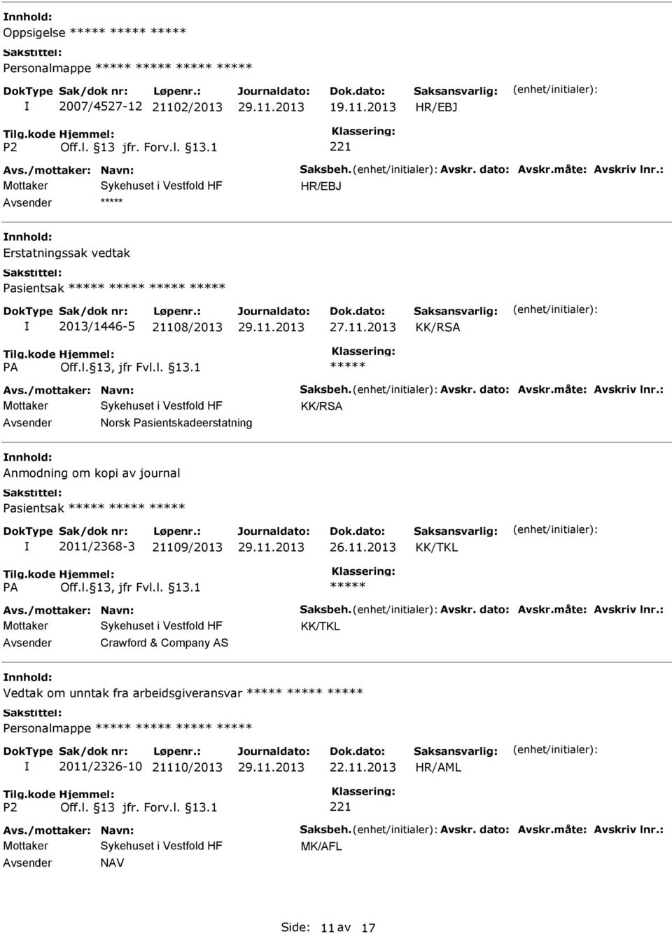 : KK/RSA Norsk Pasientskadeerstatning Anmodning om kopi av journal Pasientsak 2011/2368-3 21109/2013 Avs./mottaker: Navn: Saksbeh. Avskr. dato: Avskr.