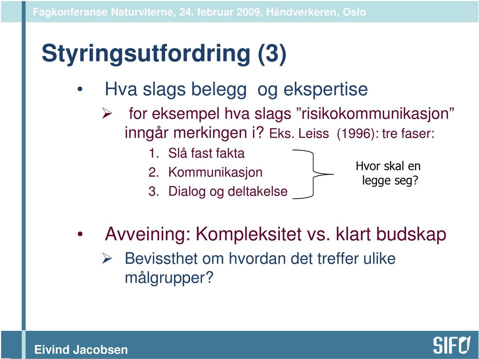 Slå fast fakta 2. Kommunikasjon 3. Dialog og deltakelse Hvor skal en legge seg?