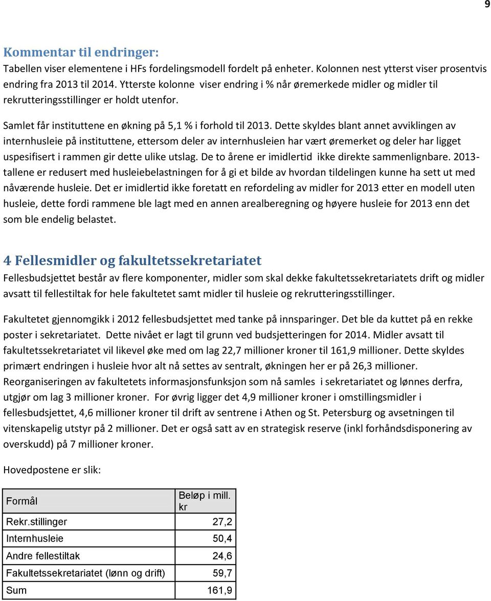 Dette skyldes blant annet avviklingen av internhusleie på instituttene, ettersom deler av internhusleien har vært øremerket og deler har ligget uspesifisert i rammen gir dette ulike utslag.