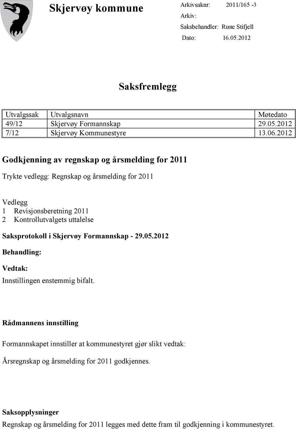 Saksprotokoll i Skjervøy Formannskap - 29.05.2012 Behandling: Vedtak: Innstillingen enstemmig bifalt.