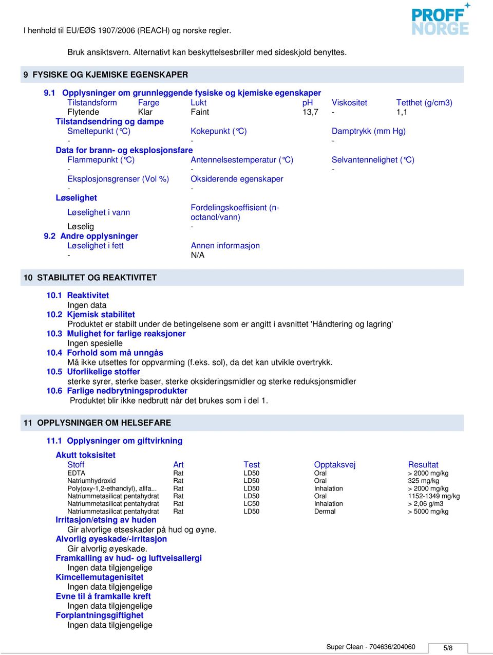 ( C) Damptrykk (mm Hg) Data for brann og eksplosjonsfare Flammepunkt ( C) Antennelsestemperatur ( C) Selvantennelighet ( C) Eksplosjonsgrenser (Vol %) Oksiderende egenskaper Løselighet