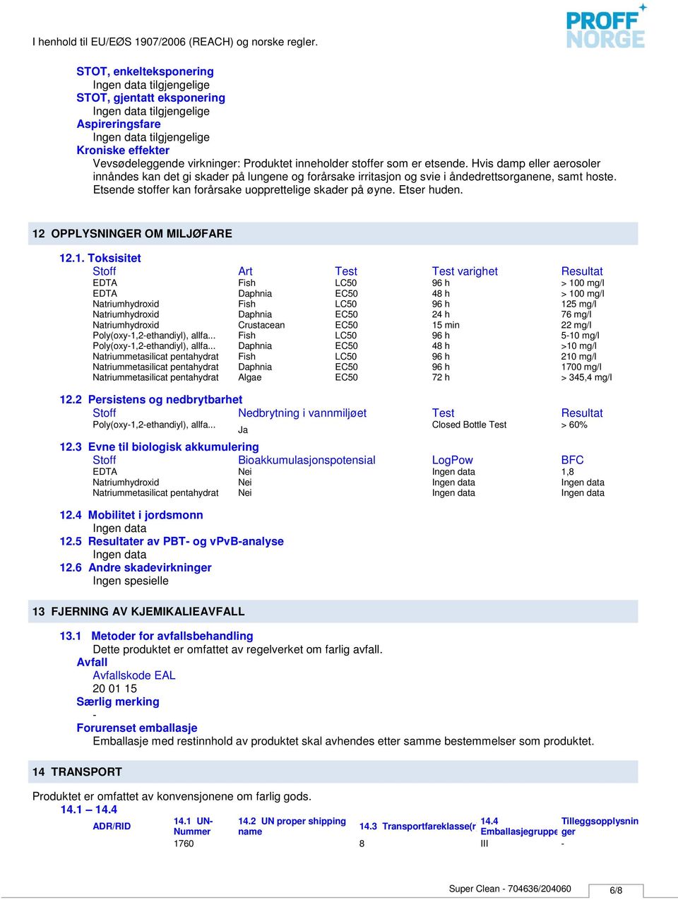 Etser huden. 12 OPPLYSNINGER OM MILJØFARE 12.1. Toksisitet Stoff Art Test Test varighet Resultat Poly(oxy1,2ethandiyl), allfa.