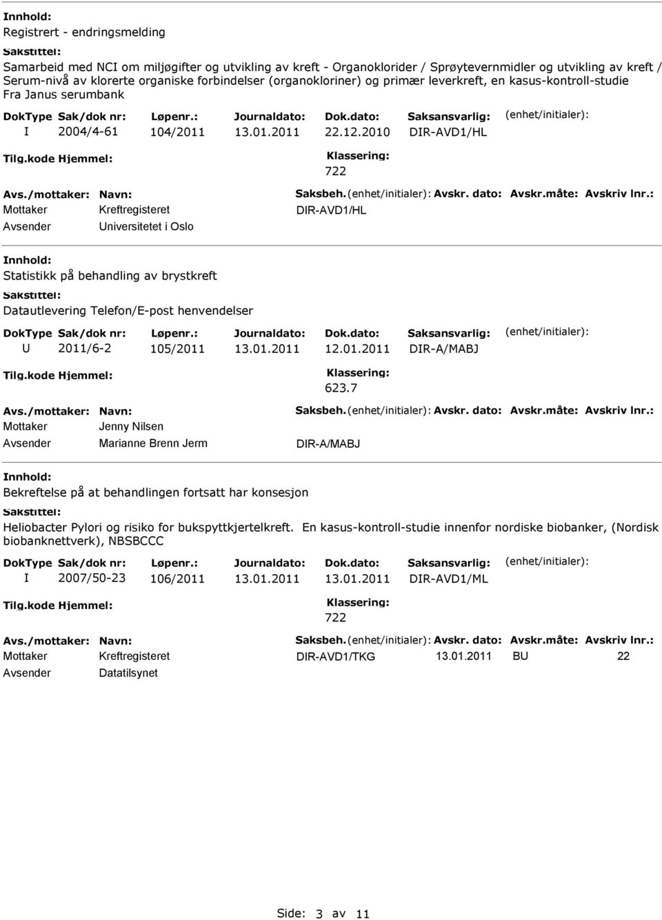 2010 DR-AVD1/HL DR-AVD1/HL niversitetet i Oslo Statistikk på behandling av brystkreft Datautlevering Telefon/E-post henvendelser 2011/6-2 105/2011 DR-A/MABJ 623.