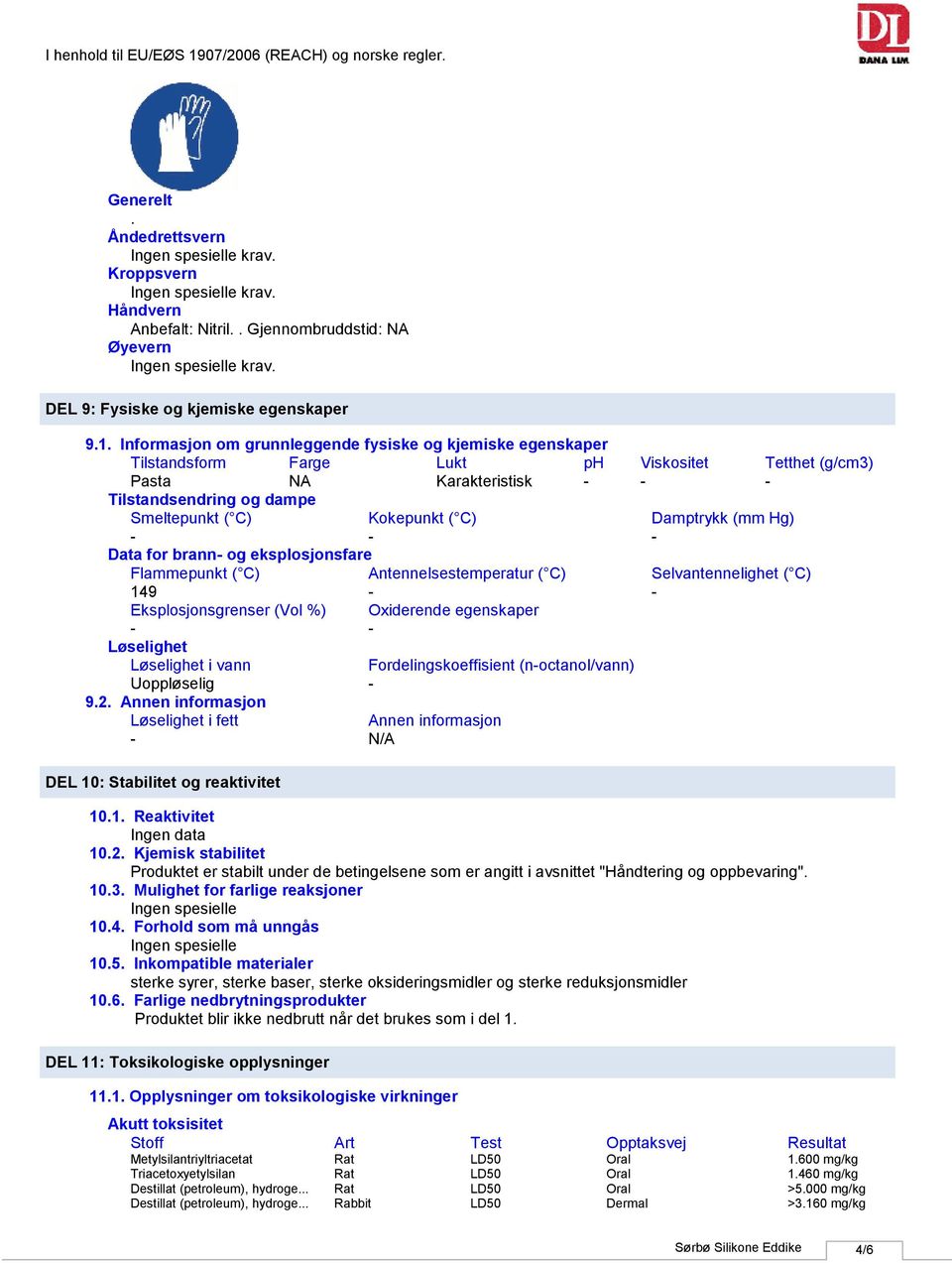 Damptrykk (mm Hg) Data for brann og eksplosjonsfare Flammepunkt ( C) Antennelsestemperatur ( C) Selvantennelighet ( C) 149 Eksplosjonsgrenser (Vol %) Oxiderende egenskaper Løselighet Løselighet i