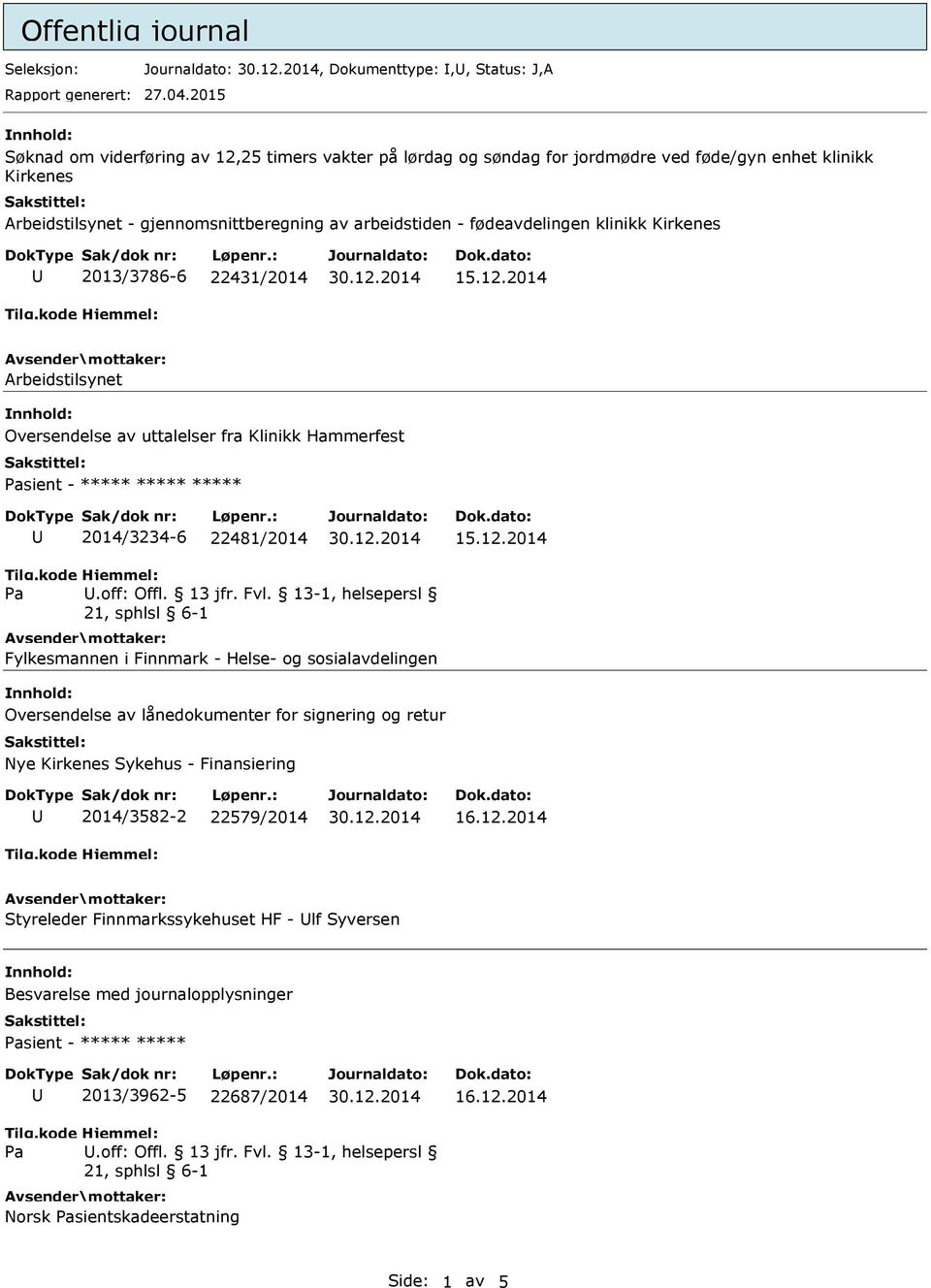 klinikk Kirkenes 2013/3786-6 22431/2014 15.12.2014 Arbeidstilsynet Oversendelse av uttalelser fra Klinikk Hammerfest sient - ***** ***** ***** 2014/3234-6 22481/2014 15.12.2014.off: Offl. 13 jfr. Fvl.