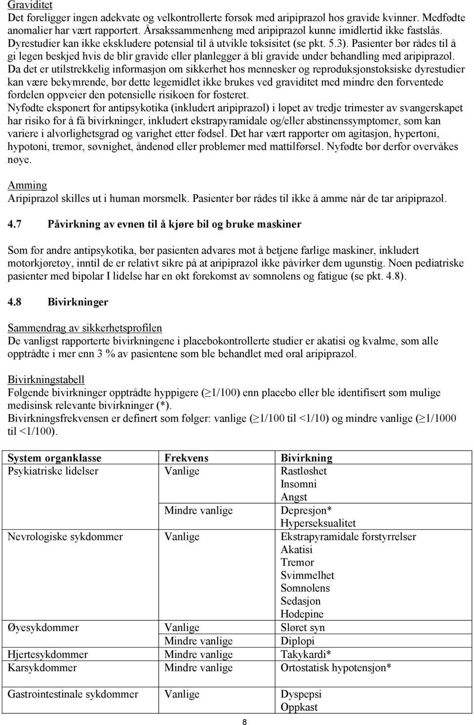 Pasienter bør rådes til å gi legen beskjed hvis de blir gravide eller planlegger å bli gravide under behandling med aripiprazol.