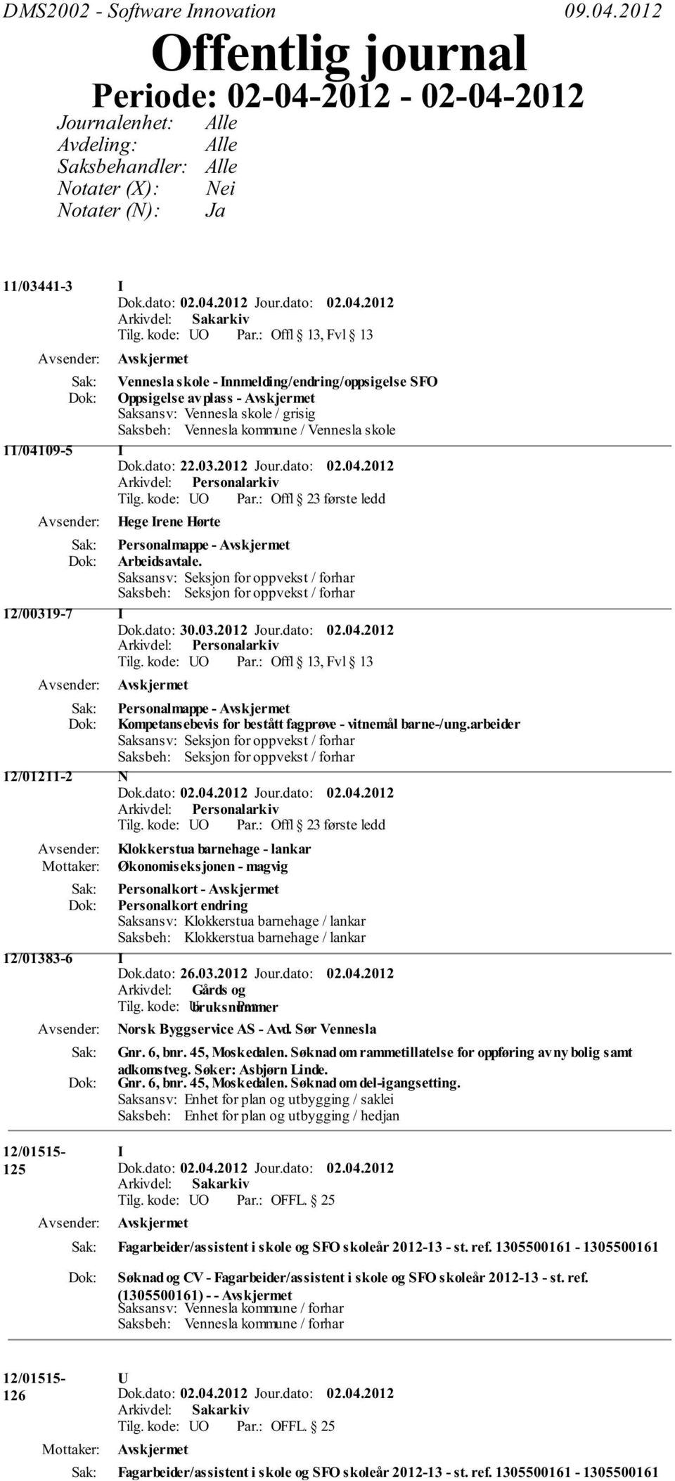 2012 Jour.dato: 02.04.2012 Tilg. kode: O Offl 23 første ledd Hege rene Hørte Personalmappe - Arbeidsavtale.