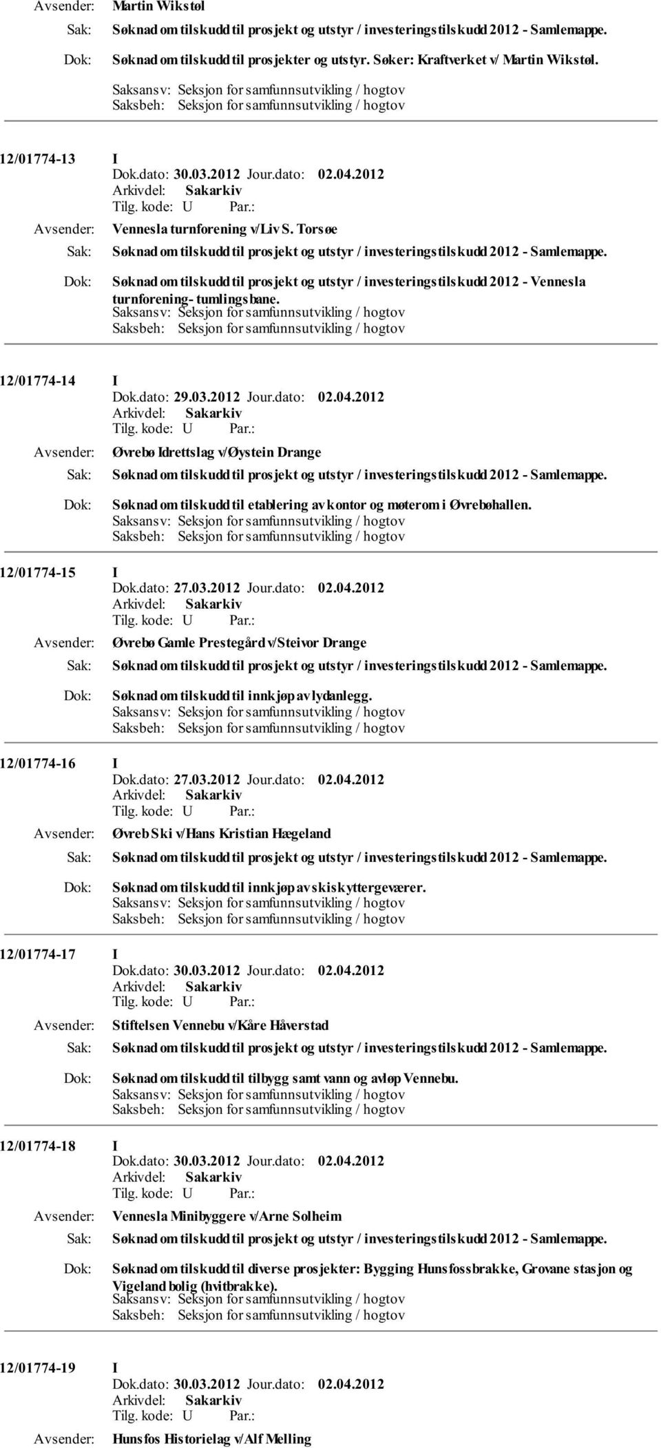 12/01774-14 Øvrebø drettslag v/øystein Drange Søknad om tilskudd til etablering av kontor og møterom i Øvrebøhallen.