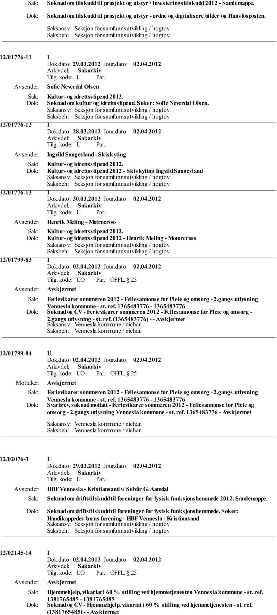 Kultur- og idrettsstipend 2012 - Skiskyting ngvild Sangesland 12/01776-13 Henrik Meling - Motrocross Kultur- og idrettsstipend 2012.