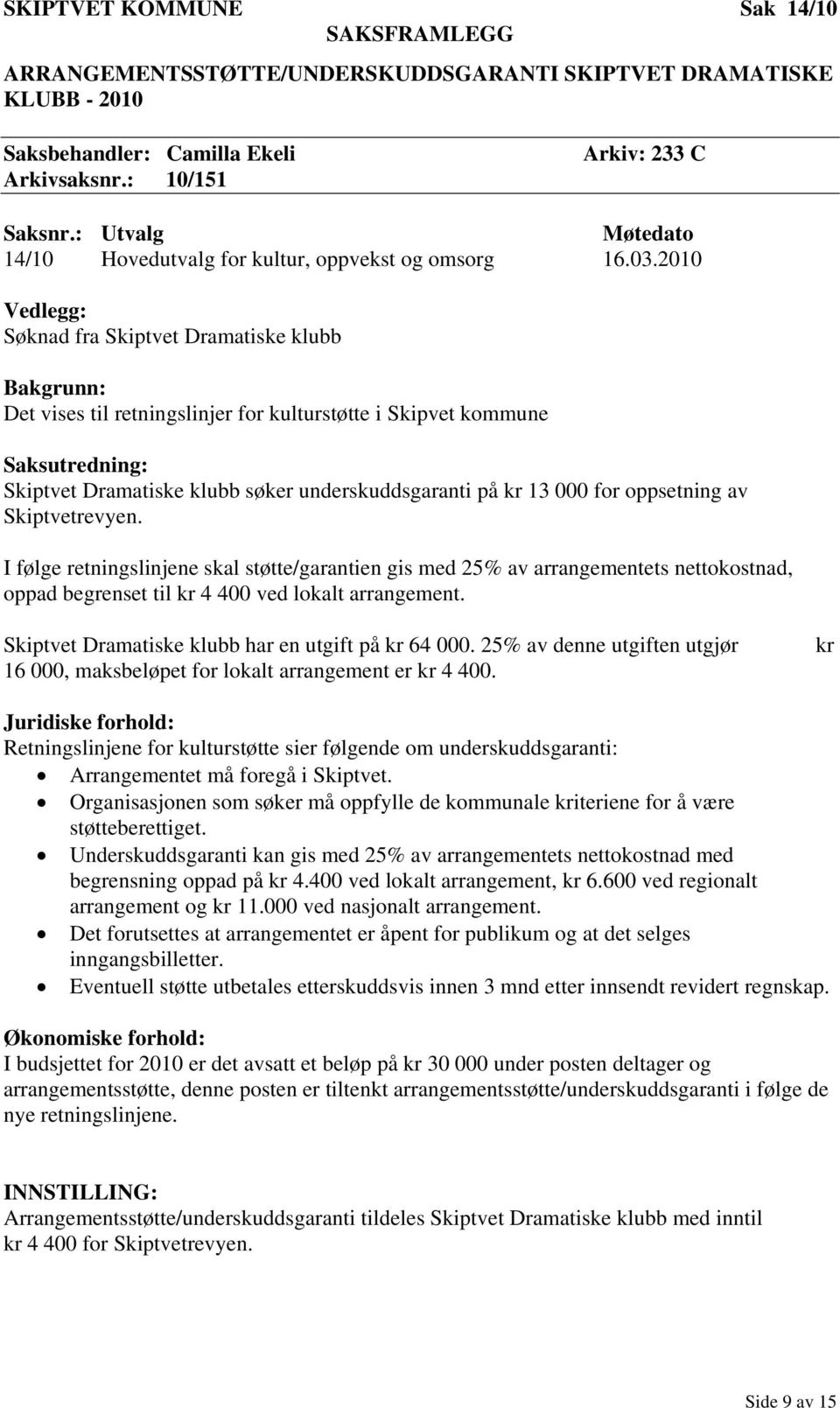 2010 Vedlegg: Søknad fra Skiptvet Dramatiske klubb Det vises til retningslinjer for kulturstøtte i Skipvet kommune Saksutredning: Skiptvet Dramatiske klubb søker underskuddsgaranti på kr 13 000 for