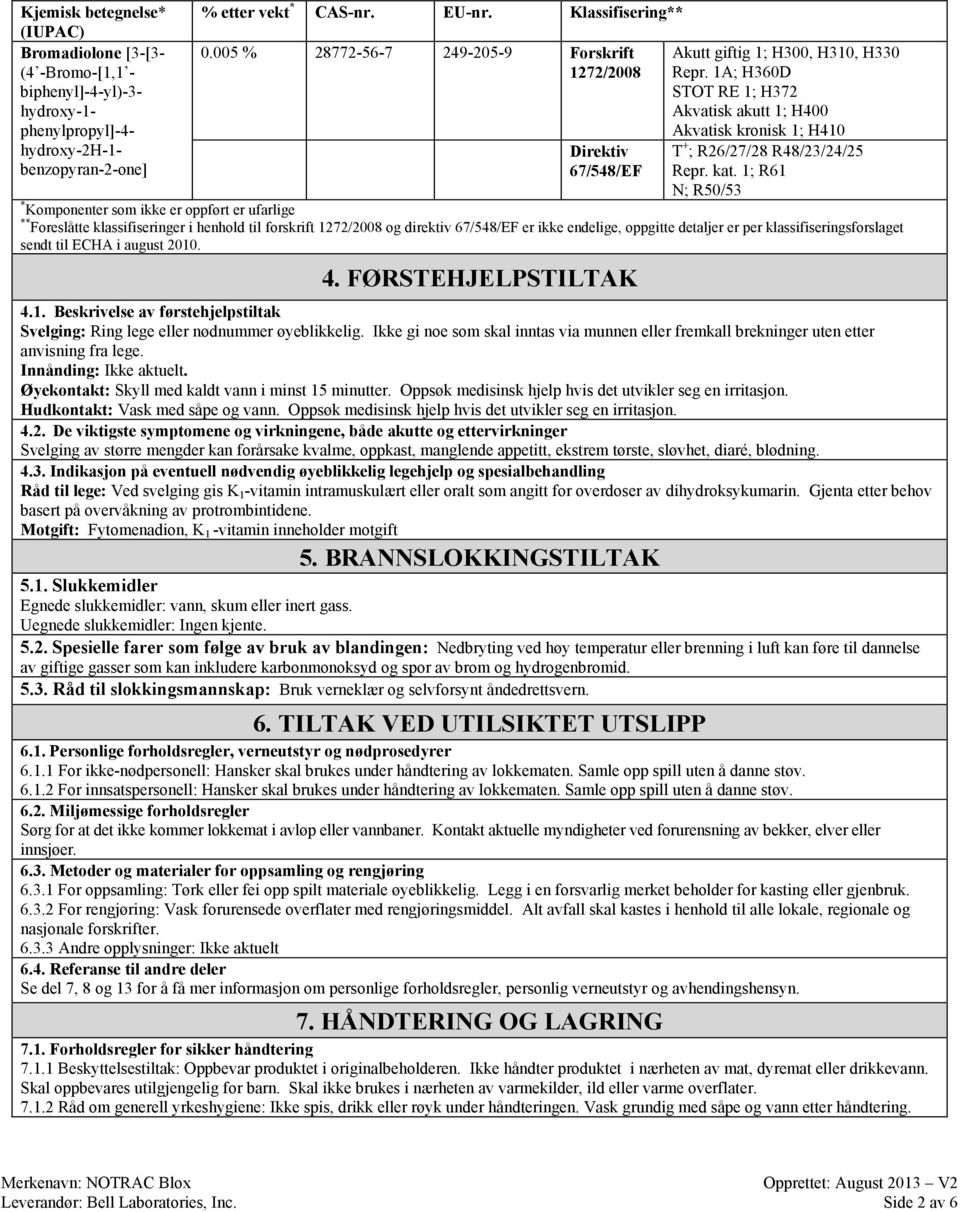 1A; H360D STOT RE 1; H372 Akvatisk akutt 1; H400 Akvatisk kronisk 1; H410 T + ; R26/27/28 R48/23/24/25 Repr. kat.