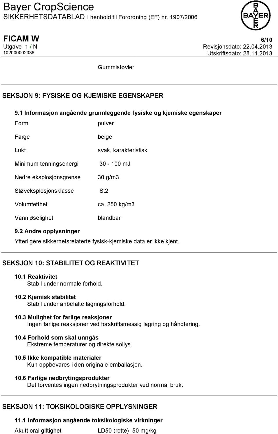 karakteristisk 30-100 mj 30 g/m3 St2 ca. 250 kg/m3 blandbar 9.2 Andre opplysninger Ytterligere sikkerhetsrelaterte fysisk-kjemiske data er ikke kjent. SEKSJON 10: STABILITET OG REAKTIVITET 10.